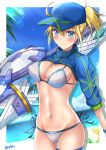  artoria_pendragon_(all) baseball_cap beach bikini blonde_hair blue_eyes blue_hair blue_hat blue_sleeves blush breasts cleavage covered_nipples cowboy_shot day eyebrows_visible_through_hair fate/grand_order fate_(series) gradient_hair grey_ribbon groin hair_between_eyes hat holding holding_weapon lens_flare medium_breasts multicolored_hair mysterious_heroine_xx_(foreigner) navel outdoors ponytail shiny shiny_skin shrug_(clothing) side-tie_bikini sideboob solo standing sunsun2812 sweatdrop swimsuit thighhighs two-tone_hair weapon white_bikini wristband 