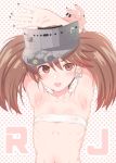  armpits bare_shoulders black_nails blush bra brown_eyes brown_hair commentary_request earrings fang flat_chest hands_above_head highres jewelry kantai_collection long_hair looking_at_viewer makabe_gorou nail_polish open_mouth ryuujou_(kantai_collection) solo twintails underwear upper_body visor_cap 