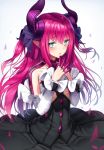  bangs blue_eyes blush breasts collarbone commentary_request curled_horns detached_sleeves dragon_girl dragon_horns dragon_tail dress elizabeth_bathory_(fate) elizabeth_bathory_(fate)_(all) eyebrows_visible_through_hair fate/extra fate/extra_ccc fate/grand_order fate_(series) finger_gloves fingers_together gloves gradient gradient_background hair_between_eyes hair_ribbon highres horns long_hair looking_at_viewer open_mouth pink_gloves pink_hair pointy_ears ribbon sidelocks simple_background small_breasts solo superpig tail two_side_up 
