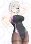  black_legwear black_swimsuit blue_eyes breasts competition_swimsuit covered_navel cowboy_shot eyes_visible_through_hair hair_ornament hair_over_one_eye hairclip hamakaze_(kantai_collection) highres kantai_collection large_breasts looking_at_viewer one-piece_swimsuit ouka_yozakura pantyhose pantyhose_under_swimsuit short_hair silver_hair solo standing swimsuit thighband_pantyhose white_background 