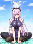  1girl back-to-back black_dress black_hair black_legwear blush breasts chaldea_uniform closed_eyes commentary_request dress eyes_visible_through_hair fate/grand_order fate_(series) fou_(fate/grand_order) fujimaru_ritsuka_(male) hair_over_one_eye jewelry lavender_hair long_hair mabo-udon mash_kyrielight older pantyhose ring sitting sleeveless sleeveless_dress smile wedding_ring 