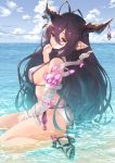  bandaged_arm bandages bikini black_hair blue_sky breasts cloud crescent crescent_hair_ornament danua day draph eyebrows_visible_through_hair finger_to_mouth granblue_fantasy hair_between_eyes hair_ornament high_heels highres horn_ornament horns large_breasts long_hair looking_at_viewer pointy_ears profile red_eyes ryouku sitting sky swimsuit wariza water white_bikini 