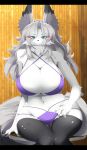  anthro barely_visible_genitalia barely_visible_pussy big_breasts bikini blue_eyes breasts canid canine cleavage clothed clothing eye_markings eye_through_hair female fox fur hair huge_breasts inside kemono kouseki0024 legwear long_hair looking_at_viewer mammal markings navel pussy silver_hair sitting smile solo stockings swimsuit translucent_hair voluptuous white_fur wide_hips 