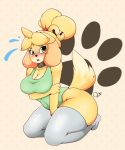  2018 absurd_res animal_crossing anthro big_breasts big_thighs blush breasts canine clothed clothing digital_media_(artwork) dog female hair hi_res isabelle_(animal_crossing) looking_at_viewer mammal nintendo open_mouth shih_tzu simple_background solo thick_thighs video_games zzvinniezz 