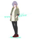  1girl alternate_costume beige_sweater black_legwear character_name commentary_request dot_nose eyebrows_visible_through_hair full_body green_jacket hair_over_one_eye hand_in_jacket jacket kirishima_touka looking_at_viewer nante_kottai pantyhose purple_hair red_eyes red_footwear shoes short_hair simple_background solo standing sweater tokyo_ghoul white_background 