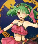  alternate_costume bare_shoulders breasts collarbone commentary_request crop_top daikisuta145 earrings fang flower_earrings frills gloves green_hair halloween hand_up headband highres jewelry macross macross_frontier midriff navel one_eye_closed open_mouth pink_gloves ranka_lee red_eyes short_hair small_breasts smile tattoo 