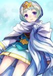  belt blue_hair cape dress feather_trim fire_emblem fire_emblem_heroes gradient gradient_hair jewelry jurge long_sleeves multicolored_hair open_mouth short_hair simple_background smile solo tiara white_hair ylgr_(fire_emblem_heroes) 