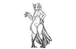  2017 anthro avian beak bird breasts chest_tuft digital_drawing_(artwork) digital_media_(artwork) digitigrade feathers female hand_on_hip looking_at_viewer monochrome nipples non-mammal_breasts nude open_mouth open_smile pussy simple_background sketch smile solo standing tail_feathers tuft watsup white_background wide_hips 