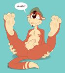  2018 3_toes 4_fingers anthro anti_dev butt dialogue ear_piercing facial_hair feet fur hat male mammal mustelid nipples nude orange_fur penis piercing presenting presenting_hindquarters solo text toes tragia weasel 
