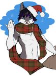 5_fingers anthro biped black_nose canine chest_tuft christmas claws clothed clothing ear_piercing eyebrows facial_piercing fur hair happy hat holidays humanoid_hands looking_at_viewer male mammal midriff multicolored_hair navel open_mouth partially_clothed piercing plaid santa_hat scarf simple_background slate_wolf smile snow snowflake solo standing tuft unregisteredcat wolf 