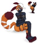  2018 anthro bdsm blue_eyes bondage bound brown_fur brown_nose butt claws digital_drawing_(artwork) digital_media_(artwork) dipstick_tail fur hair hicanyoumooforme male mammal multicolored_tail red_panda simple_background solo straitjacket striped_tail stripes sweat toe_claws toes white_background white_hair 