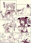  arm_belt bow comic commentary_request crescent crescent_moon_pin cup demon_wings dress flying_sweatdrops hair_bow hat head_wings highres holding_clothes jitome koakuma long_hair long_sleeves mob_cap monochrome multiple_girls natsushiro patchouli_knowledge puffy_long_sleeves puffy_sleeves saucer sepia sidelocks spilling sweatdrop teacup touhou translation_request undressing vest wings 