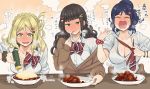  3girls blonde_hair blue_hair blush bow breasts brown_cardigan cheese cleavage curry curry_rice eating fanning_self food full-face_blush green_eyes hair_ornament hairclip heart heart_hair_ornament ind-kary kurosawa_dia large_breasts love_live! love_live!_sunshine!! matsuura_kanan multiple_girls ohara_mari open_clothes open_shirt rice scrunchie shirt spicy spoon spoon_in_mouth steam sweat tearing_up undressing wet wet_clothes wet_shirt wrist_scrunchie yellow_eyes 