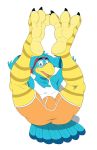  3_toes anthro anti_dev avian beak bird blue_feathers bulge butt clothed clothing eagle feathers hat legs_up male presenting presenting_hindquarters shirt simple_background smile solo talons tank_top toes underwear white_background 