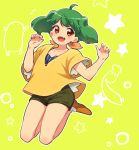  ahoge alternate_costume arms_up breasts cleavage commentary_request fang fuuka_(fu-haru) green_hair jumping legs_up macross macross_frontier nail_art nail_polish open_mouth pink_nails ranka_lee red_eyes short_hair shorts small_breasts smile solo w_arms 