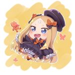  :d abigail_williams_(fate/grand_order) bangs black_bow black_dress black_footwear black_hat blonde_hair bloomers blue_eyes blush bow bug butterfly chibi commentary_request crossed_bandaids dress fate/grand_order fate_(series) forehead full_body hair_bow hat highres insect long_hair long_sleeves open_mouth orange_bow parted_bangs polka_dot polka_dot_bow round_teeth sleeves_past_fingers sleeves_past_wrists smile solo sparkle stuffed_animal stuffed_toy teddy_bear teeth underwear upper_teeth v-shaped_eyebrows very_long_hair wang_man white_bloomers 