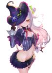  breasts capelet cleavage commentary_request crop_top gloves hair_bun hair_ornament hat highres hololive izumi_sai long_hair looking_at_viewer midriff murasaki_shion navel ribbon silver_hair small_breasts solo transparent_background virtual_youtuber witch_hat yellow_eyes 