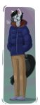  anthro black_hair clothing equine green_eyes hair jeans male mammal pants psydoux simple_background solo standing winter_jacket zebra 