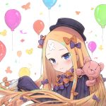  abigail_williams_(fate/grand_order) balloon bangs black_bow black_dress black_hat blonde_hair blue_eyes blush bow bug butterfly closed_mouth commentary crossed_bandaids dress fate/grand_order fate_(series) hair_bow hat head_tilt highres insect long_hair long_sleeves orange_bow parted_bangs polka_dot polka_dot_bow simple_background sleeves_past_fingers sleeves_past_wrists smile solo stuffed_animal stuffed_toy teddy_bear upper_body very_long_hair wang_man white_background 