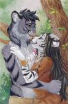  blue_eyes claws clothed clothing embrace eye_contacy fangs felid female forest fur grey_gut hair male mammal nekoart outside pantherine striped_fur stripes tiger tooth_necklace topless tree whiskers white_fur 