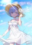  :d blue_eyes blue_hair blue_sky blush breasts chagoon cleavage cloud collarbone cowboy_shot daisy day dress eyebrows_visible_through_hair flower hat hat_flower hat_ribbon highres looking_at_viewer medium_breasts open_mouth outdoors re:zero_kara_hajimeru_isekai_seikatsu rem_(re:zero) ribbon see-through short_hair sky sleeveless sleeveless_dress smile solo standing straw_hat sun_hat sunlight white_dress white_flower white_ribbon 