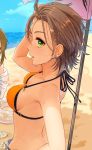  blue_sky breasts brown_hair cleavage collarbone green_eyes halterneck hand_in_hair highres idolmaster idolmaster_cinderella_girls kimura_natsuki machi-z medium_breasts multiple_girls open_mouth orange_bikini_top outdoors parasol short_hair sideboob sky solo_focus sweat umbrella 