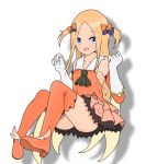  :d abigail_williams_(fate/grand_order) alternate_hairstyle ass atsumisu bangs bare_shoulders blonde_hair blue_bow blue_eyes blush boots bow collarbone collared_shirt commentary_request cosplay detached_sleeves elbow_gloves eyebrows_visible_through_hair fate/grand_order fate/kaleid_liner_prisma_illya fate_(series) forehead full_body gloves hair_bow hands_up highres layered_skirt long_hair long_sleeves looking_at_viewer open_mouth orange_bow orange_footwear orange_legwear orange_shirt orange_sleeves parted_bangs pink_skirt pleated_skirt polka_dot polka_dot_bow prisma_illya prisma_illya_(cosplay) shadow shirt skirt smile solo thigh_boots thighhighs two_side_up very_long_hair white_background white_gloves 