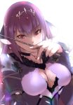  bangs breasts cleavage cleavage_cutout dress fate/grand_order fate_(series) fur_trim hair_between_eyes highres jewelry kuziaaizuk large_breasts long_hair looking_at_viewer purple_dress purple_hair red_eyes scathach_(fate)_(all) scathach_skadi_(fate/grand_order) solo tiara wand white_background 