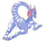  2018 anus blue_scales blue_skin claws color_edit colored dragon edit feet female harpseal horn kneeling kobold long_horns looking_at_viewer looking_back nails pussy red_horn scales simple_background snout solo spikes spread_legs spreading w4g4 white_background 
