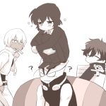  3boys ? black_hair blush brown_hair chain_sumeragi cigar closed_eyes dark_skin dark_skinned_male formal fuuka_(fu-haru) kekkai_sensen knees_on_chest leg_hug leonardo_watch monkey multiple_boys sepia short_hair sitting sitting_on_person sonic_speed_monkey suit white_hair zap_renfro zed_o'_brien 