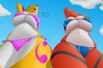  2018 anthro big_breasts bikini breasts cleavage clothed clothing creatiffy digimon digital_media_(artwork) duo female fur guilmon huge_breasts impmon low-angle_view mammal polka_dots renamon scalie simple_background smile swimsuit thick_thighs under_boob voluptuous worm&#039;s-eye_view 