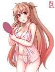  artist_logo babydoll breasts brown_eyes cleavage collarbone commentary_request cowboy_shot dated eyebrows_visible_through_hair gradient_hair hand_mirror heterochromia highleg highleg_panties highres holding_lipstick holding_mirror kanon_(kurogane_knights) kantai_collection large_breasts light_brown_hair lipstick lipstick_tube long_hair looking_at_viewer makeup mirror multicolored_hair murasame_(kantai_collection) panties red_eyes remodel_(kantai_collection) simple_background solo two_side_up underwear white_background white_panties 