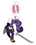  2018 alpha_channel anthro big_breasts breasts butt clothed clothing female fishnet footwear hair hair_over_eye hi_res huge_breasts kaede_(mangneto) kunai lagomorph mammal melee_weapon nipples rabbit red_eyes salaciouslx scar shoes short_stack simple_background sketch skinsuit solo sword thick_thighs tight_clothing torn_clothing weapon 