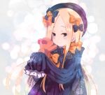 abigail_williams_(fate/grand_order) bangs black_bow black_dress black_hat blonde_hair blue_eyes blush bow closed_mouth commentary_request dress fate/grand_order fate_(series) forehead hair_bow hands_up hat hinata_nonoka holding holding_stuffed_animal long_hair long_sleeves looking_away orange_bow parted_bangs polka_dot polka_dot_bow sleeves_past_fingers sleeves_past_wrists smile solo stuffed_animal stuffed_toy teddy_bear upper_body very_long_hair 