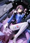 bodysuit breasts brown_eyes brown_hair d.va_(overwatch) facial_mark gloves gun hd-hlh-3h headphones holding holding_gun holding_weapon long_hair looking_at_viewer overwatch sitting small_breasts solo weapon white_gloves 