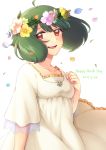  absurdres ahoge alternate_costume breasts commentary_request dress flower fuuka_(fu-haru) green_hair hand_on_own_chest happy_birthday head_wreath highres macross macross_frontier petals ranka_lee red_eyes short_hair small_breasts smile solo wind wind_lift 