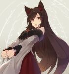  animal_ear_fluff animal_ears bangs bare_shoulders breasts brooch brown_eyes brown_hair commentary_request cowboy_shot dress eyebrows_visible_through_hair fingernails grey_background highres imaizumi_kagerou jewelry long_hair long_sleeves looking_at_viewer medium_breasts multicolored multicolored_clothes multicolored_dress nail_polish off-shoulder_dress off_shoulder open_mouth red_dress red_nails rin_falcon sharp_fingernails simple_background solo standing touhou very_long_hair white_dress wolf_ears 