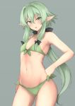  :o armpits bangs bikini black_bow blush bow commentary_request cowboy_shot elf flat_chest front-tie_bikini front-tie_top goblin_slayer! green_bikini green_eyes green_hair grey_background groin hair_between_eyes hair_intakes hand_on_hip head_tilt high_elf_archer_(goblin_slayer!) highres long_hair looking_at_viewer low_ponytail mobu navel parted_lips pointy_ears ponytail side-tie_bikini sidelocks solo standing swimsuit v-shaped_eyebrows 