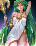  arm_behind_head armlet armpits bare_shoulders breasts daria_leonova diadem dress fantasy fingernails green_eyes green_hair holding kid_icarus lips long_hair looking_at_viewer medium_breasts open_mouth palutena parted_lips side_slit smile solo strapless strapless_dress thighhighs very_long_hair watermark web_address white_dress white_legwear 