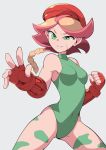  alternate_costume amanda_o'neill armpit_peek bare_shoulders beret bodypaint braid breasts cammy_white cammy_white_(cosplay) clenched_hand commentary_request cosplay fighting_stance fingerless_gloves gloves green_eyes green_leotard hat highres leotard little_witch_academia outstretched_hand popopo short_hair small_breasts solo street_fighter thighs 