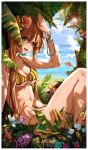  arm_support bangs beach bikini blue_sky blush breasts brown_eyes brown_hair cloud commentary_request eyebrows_visible_through_hair flower girls_frontline hair_flower hair_ornament highres long_hair looking_at_viewer mushroom navel ocean open_mouth palm_tree plant sand scar scar_across_eye sidelocks sitting sky smile stomach stz-xp sunlight sweat swimsuit thighs tree twintails umbrella ump9_(girls_frontline) wristband yellow_bikini 