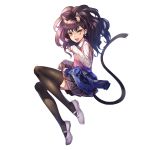  :d animal_ears black_hair black_legwear blue_jacket cat_ears cat_tail clothes_around_waist earrings full_body highres huangquan_dong_(sinchi) jacket jacket_around_waist jacket_removed jewelry long_hair open_mouth original paw_pose pleated_skirt shoes skirt slit_pupils smile solo tail thighhighs transparent_background white_footwear yellow_eyes 