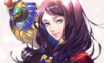  animal animal_on_shoulder bangs bird_on_shoulder blue_eyes closed_mouth commentary_request eyelashes fate/grand_order fate_(series) grey_background leonardo_da_vinci_(fate/grand_order) long_hair looking_at_viewer parted_bangs portrait purple_hair robot simple_background smile solo tenobe 