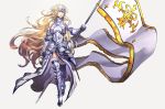  armor armored_dress blonde_hair blue_eyes chain commentary_request fate/grand_order fate_(series) flag headpiece highres jeanne_d'arc_(fate) jeanne_d'arc_(fate)_(all) long_hair polearm solo tenobe very_long_hair weapon 