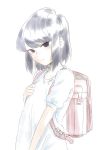  backpack bag black_eyes black_hair hand_on_own_chest highres komi-san_wa_komyushou_desu komi_shouko looking_at_viewer mitsugu pale_color randoseru school_bag short_hair short_sleeves simple_background sketch smile solo source_request upper_body white_background younger 