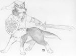  2010 belt bottomless canine canine_taur chest_tuft clothed clothing fluffy fluffy_tail fur gnomeliberator grey_fur hat link link_(wolf_form) mammal melee_weapon monochrome multicolored_fur nintendo partially_clothed pencil_(artwork) shield signature simple_background standing sword taur the_legend_of_zelda traditional_media_(artwork) tuft two_tone_fur video_games weapon white_background white_fur wolf wolf_taur 