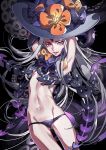 abigail_williams_(fate/grand_order) armpits black_background black_bow black_panties bow breasts commentary_request cowboy_shot fate/grand_order fate_(series) grey_hair hands_up hat hat_bow highres long_hair looking_at_viewer navel orange_bow panties parted_lips polka_dot polka_dot_bow red_eyes revealing_clothes small_breasts smile solo suction_cups tenobe tentacles underwear very_long_hair 