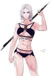  abs bikini blue_eyes breasts byuub commentary_request final_fantasy final_fantasy_xiv hyur muscle muscular_female scar short_hair silver_hair smile solo swimsuit 