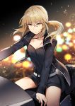  artoria_pendragon_(all) bangs belt black_jacket black_shirt black_shorts blonde_hair blurry blurry_background breasts city_lights cleavage commentary_request eyebrows_visible_through_hair fate/grand_order fate_(series) ground_vehicle ice_(ice_aptx) jacket jewelry long_hair looking_at_viewer motor_vehicle motorcycle necklace on_motorcycle parted_lips ponytail riding saber_alter shinjuku shirt short_shorts shorts sidelocks sitting solo thighs yellow_eyes 