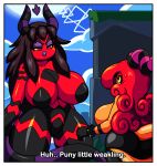  absurd_res big_breasts big_butt big_tail black_skin bracelet breasts brown_hair butt curly_hair demon dialogue dreamcastzx1 featureless_crotch female fire hair hi_res horn huge_breasts huge_hips huge_thighs inverted_nipples jewelry lipstick long_hair long_tail looking_down makeup nipples nude orange_skin outside pink_eyes purple_lips red_eyes red_hair red_skin scared size_difference sonic_(series) spiked_bracelet spikes sweat sweatdrop text thick_thighs voluptuous wide_hips yellow_sclera zanita_the_zeti zeti zia_the_zeti 